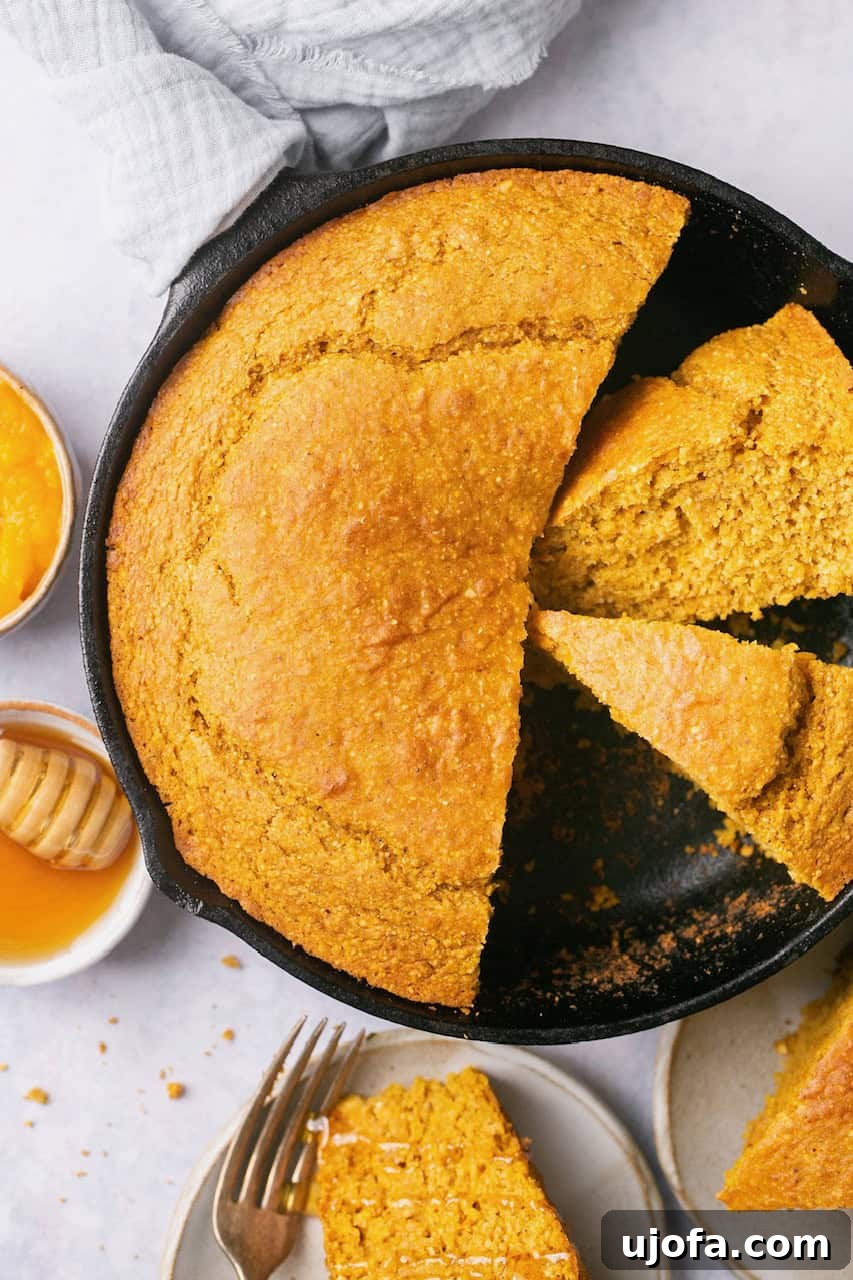 A perfectly baked sweet potato cornbread in a cast iron skillet, sliced and ready to serve, with a piece on a white plate next to a silver fork.