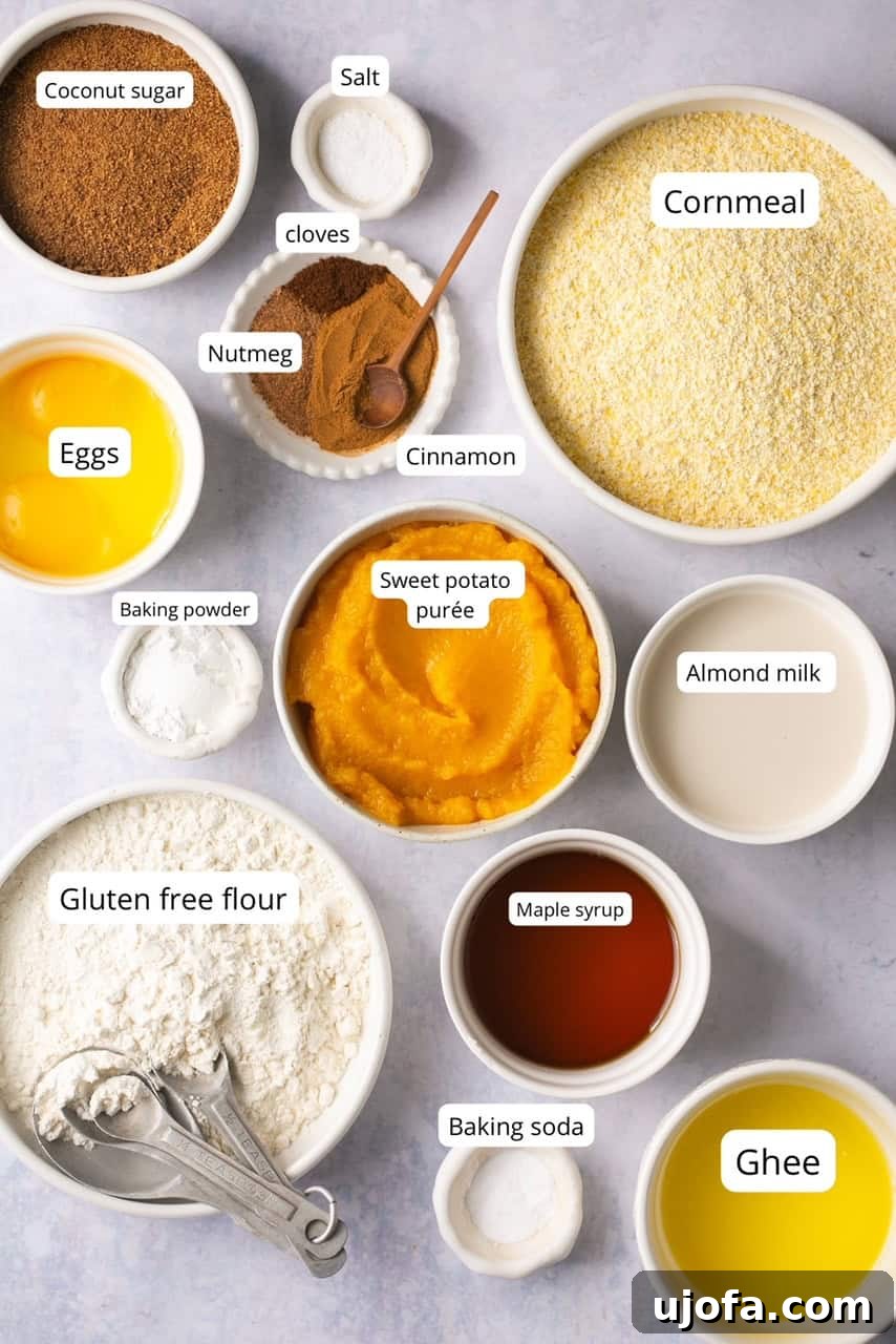 A neatly arranged flat lay photo of all ingredients for sweet potato cornbread in various nesting bowls, ready for baking.
