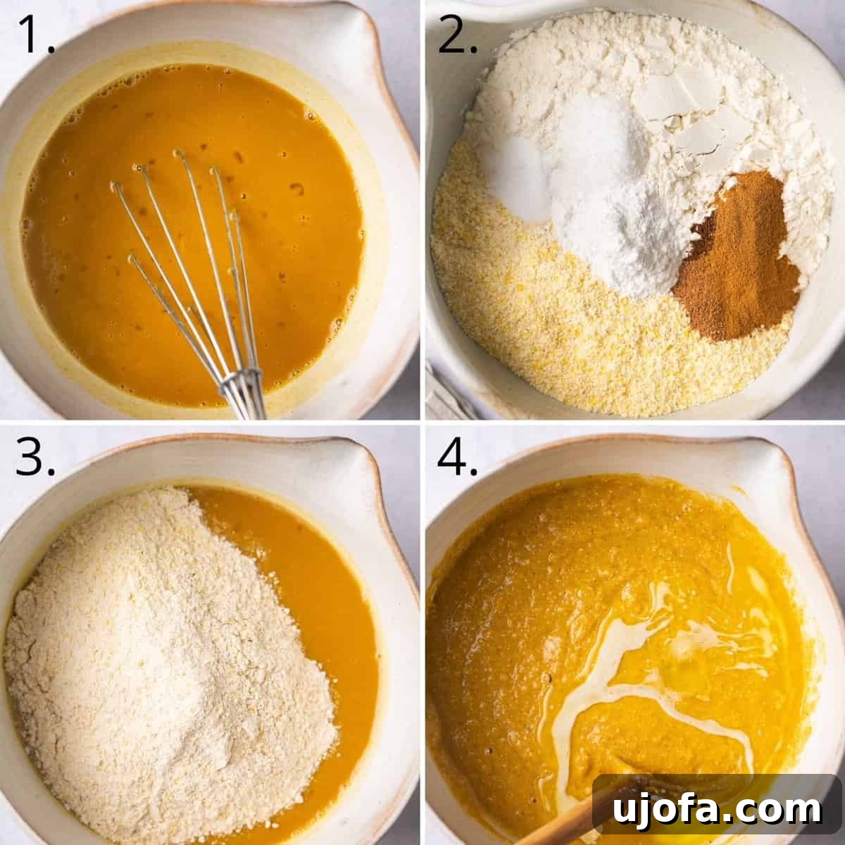 A collage of step-by-step photos illustrating the process of making sweet potato cornbread, from mixing ingredients to the final batter.