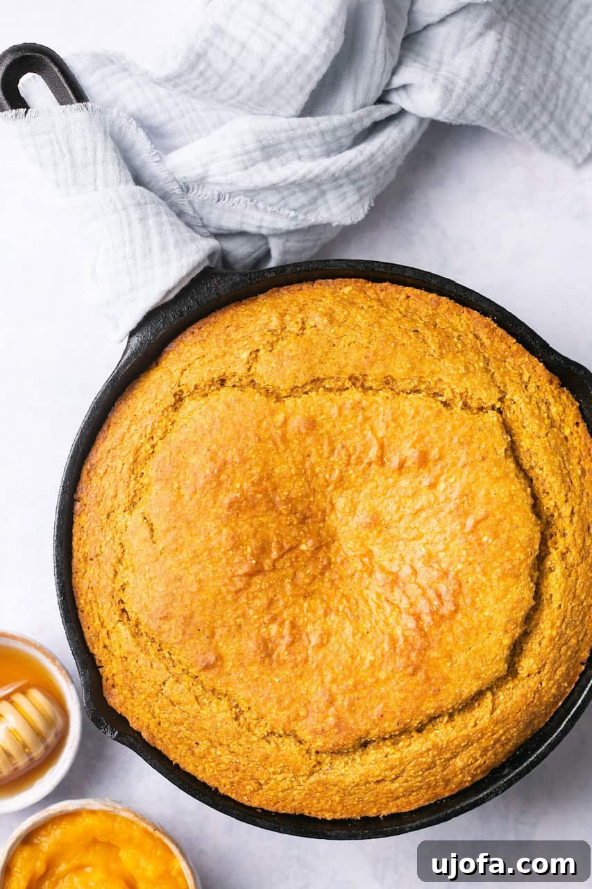 A baked sweet potato cornbread in a cast iron pan, glistening and golden brown, next to a small bowl of golden honey.