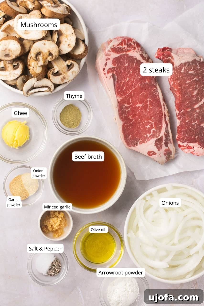 Ingredients for Instant Pot steak recipe including steak, seasonings, onions, mushrooms, garlic, broth, and arrowroot powder.