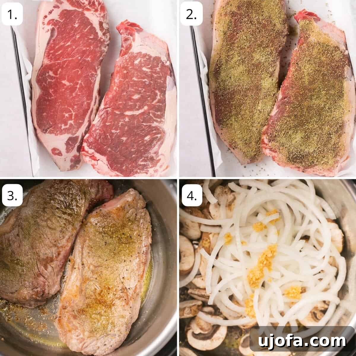 Step-by-step collage showing how to season and sear steaks in the Instant Pot and sauté onions and mushrooms.