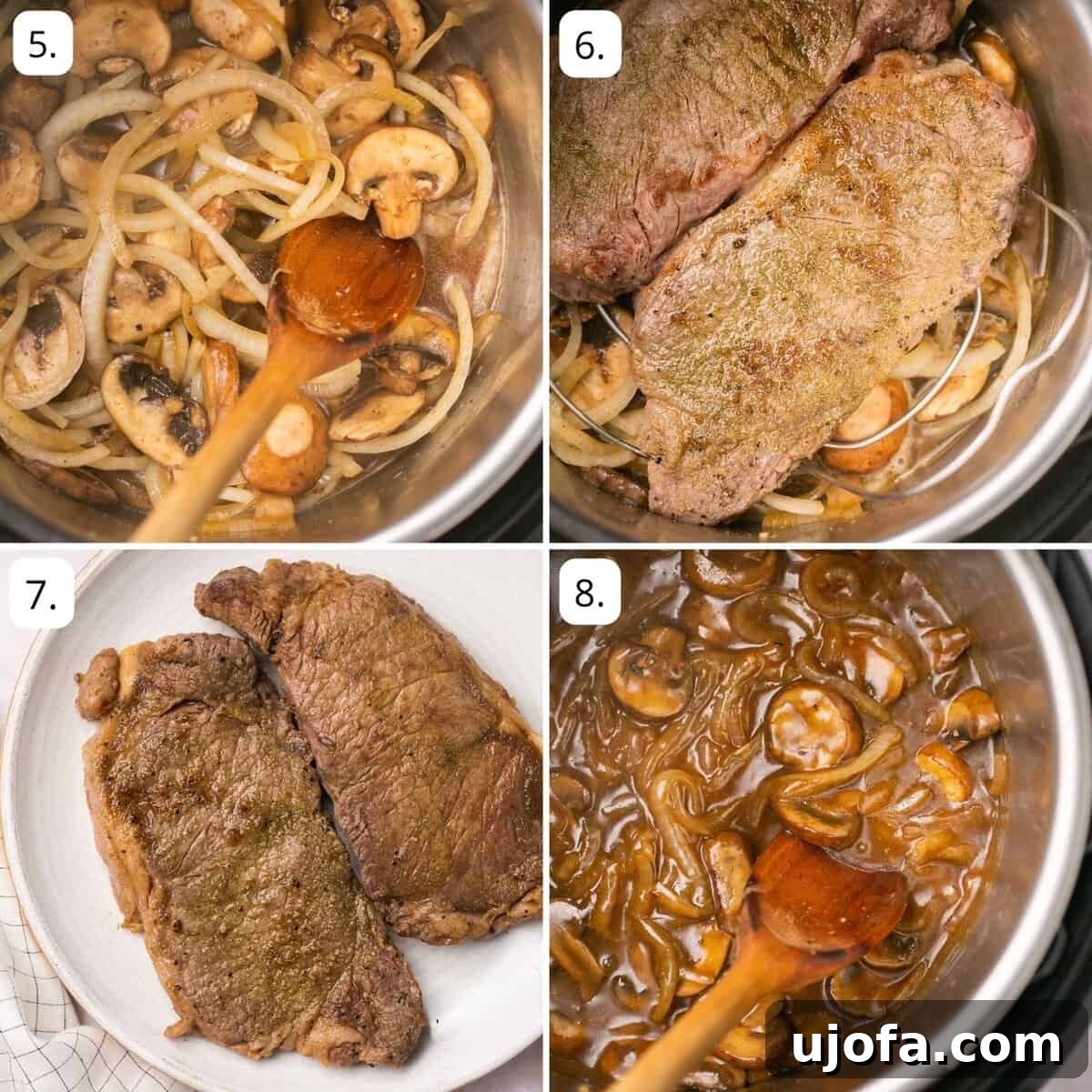 Process photos of adding broth, pressure cooking steak, and thickening the onion-mushroom gravy in the Instant Pot.
