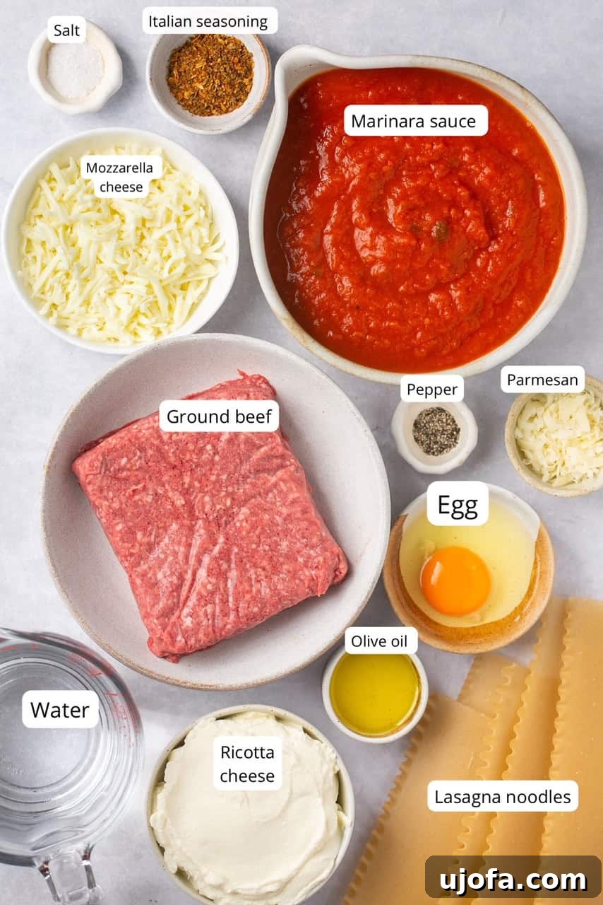 Ingredients for Instant Pot lasagna with gluten-free noodles displayed neatly in nesting bowls and clearly labeled, ready for preparation.