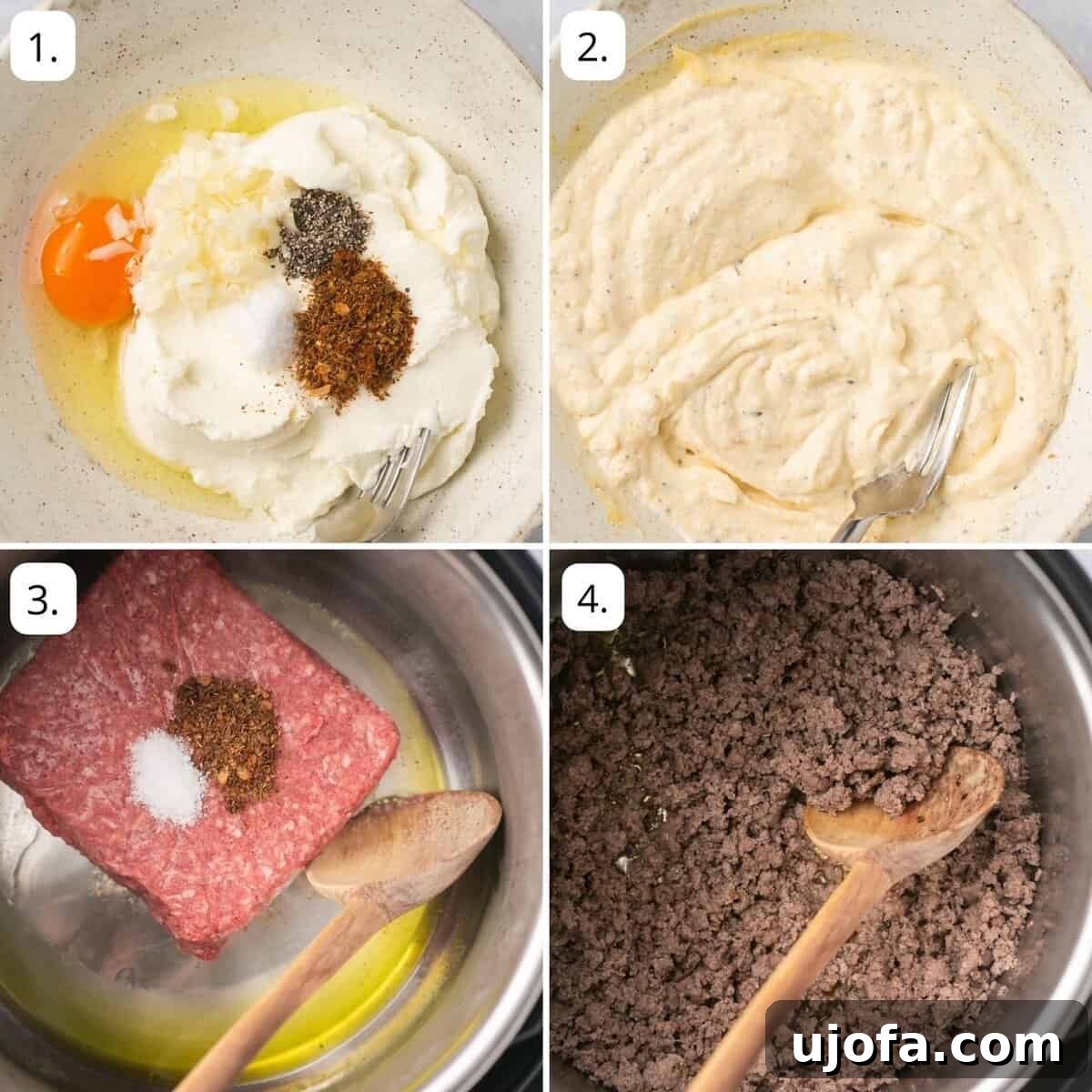 A series of photos illustrating the step-by-step instructions for preparing the Instant Pot lasagna, from browning meat to preparing the ricotta mixture.