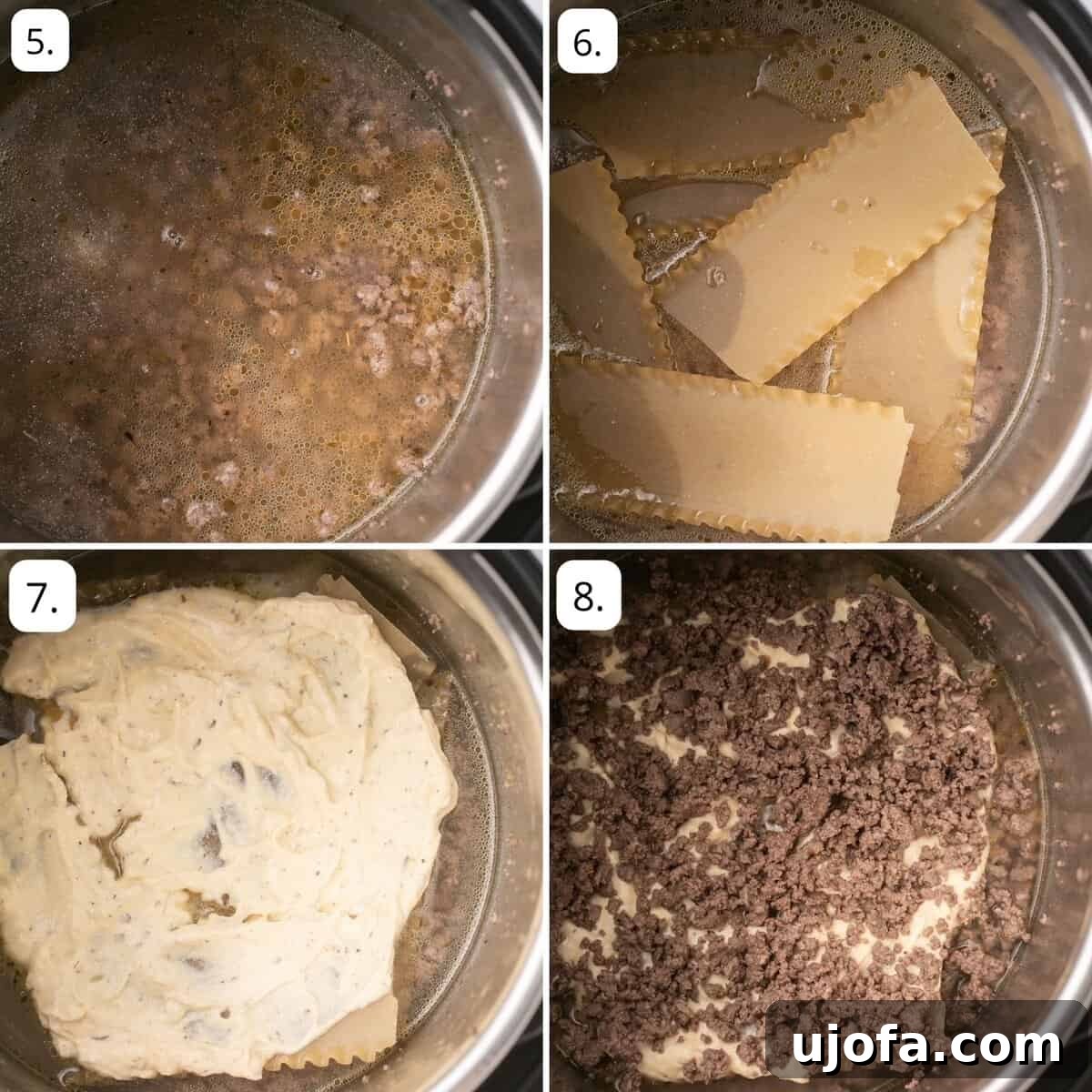 A series of photos depicting the step-by-step layering process for Instant Pot lasagna with gluten-free noodles, showing how to arrange noodles, meat, and cheese.