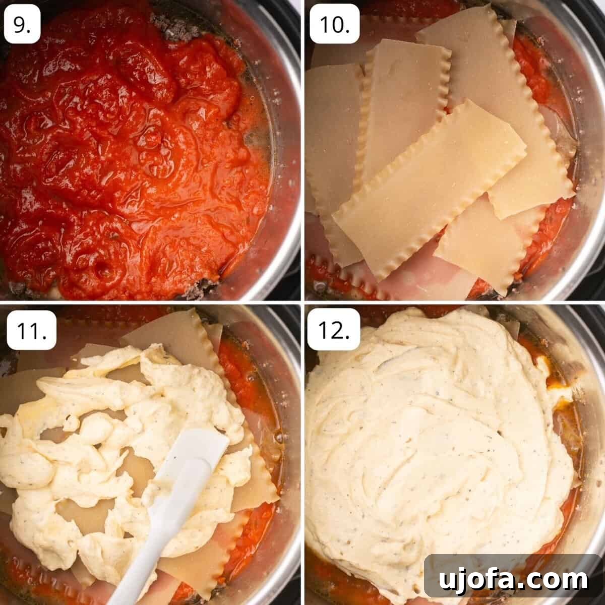 Four quadrants of photos illustrating the next steps in assembling the Instant Pot lasagna: layering the sauce, noodles, and cheese mixture for a perfectly structured dish.