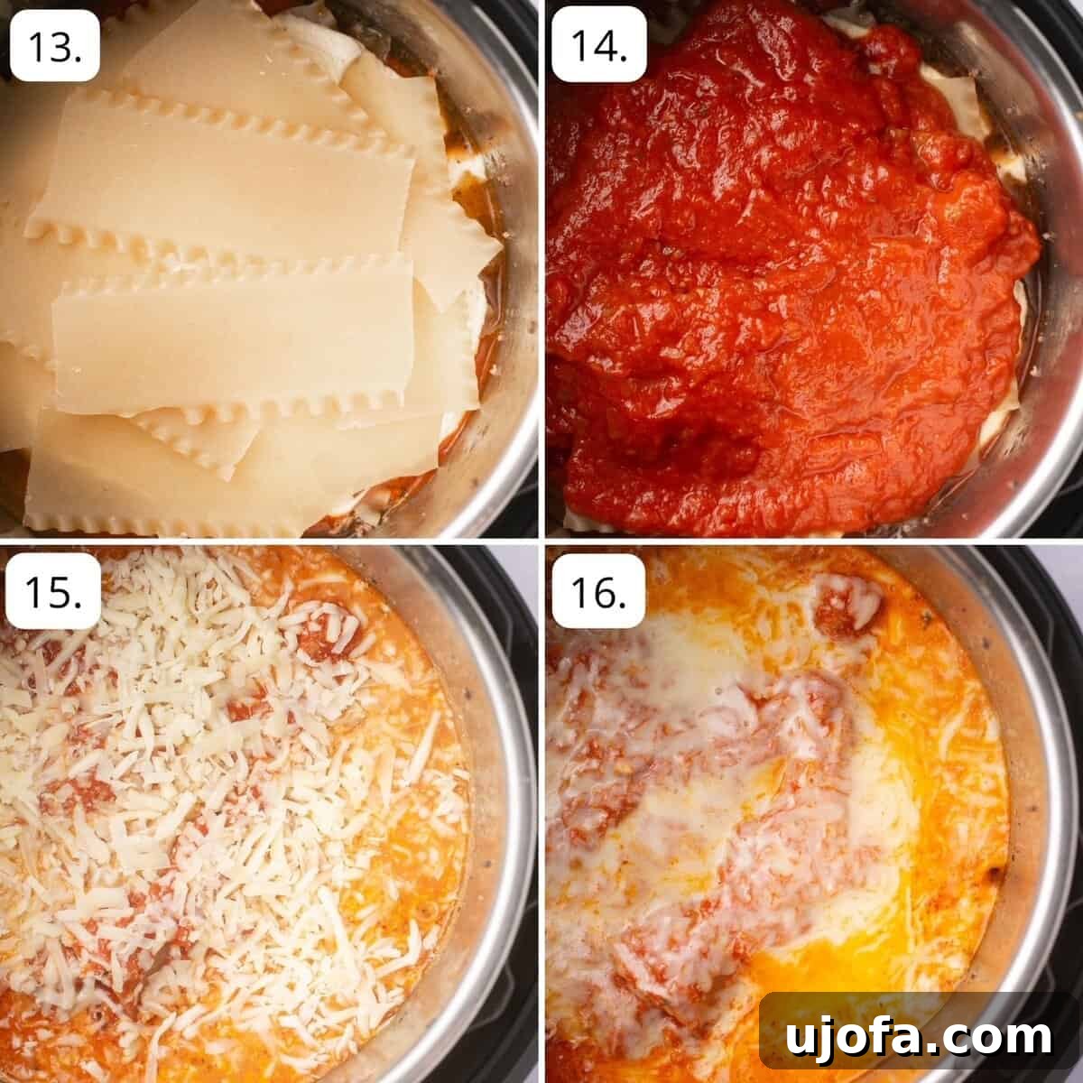 Four detailed photos demonstrating the final assembly steps for the Instant Pot lasagna, highlighting how to add the last noodles, sauce, and cheese before cooking.