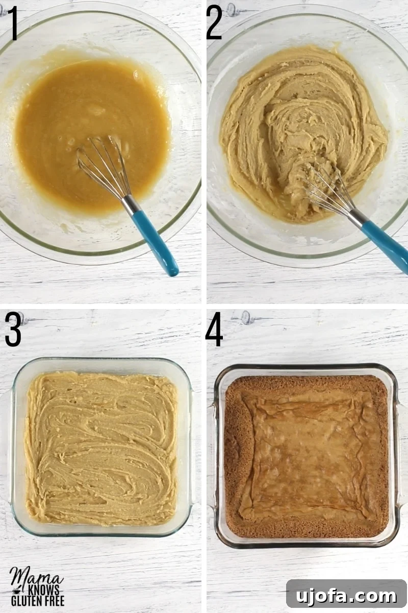 Photo collage showing gluten-free blondie recipe steps: mixing, pouring batter, and baked blondies in pan