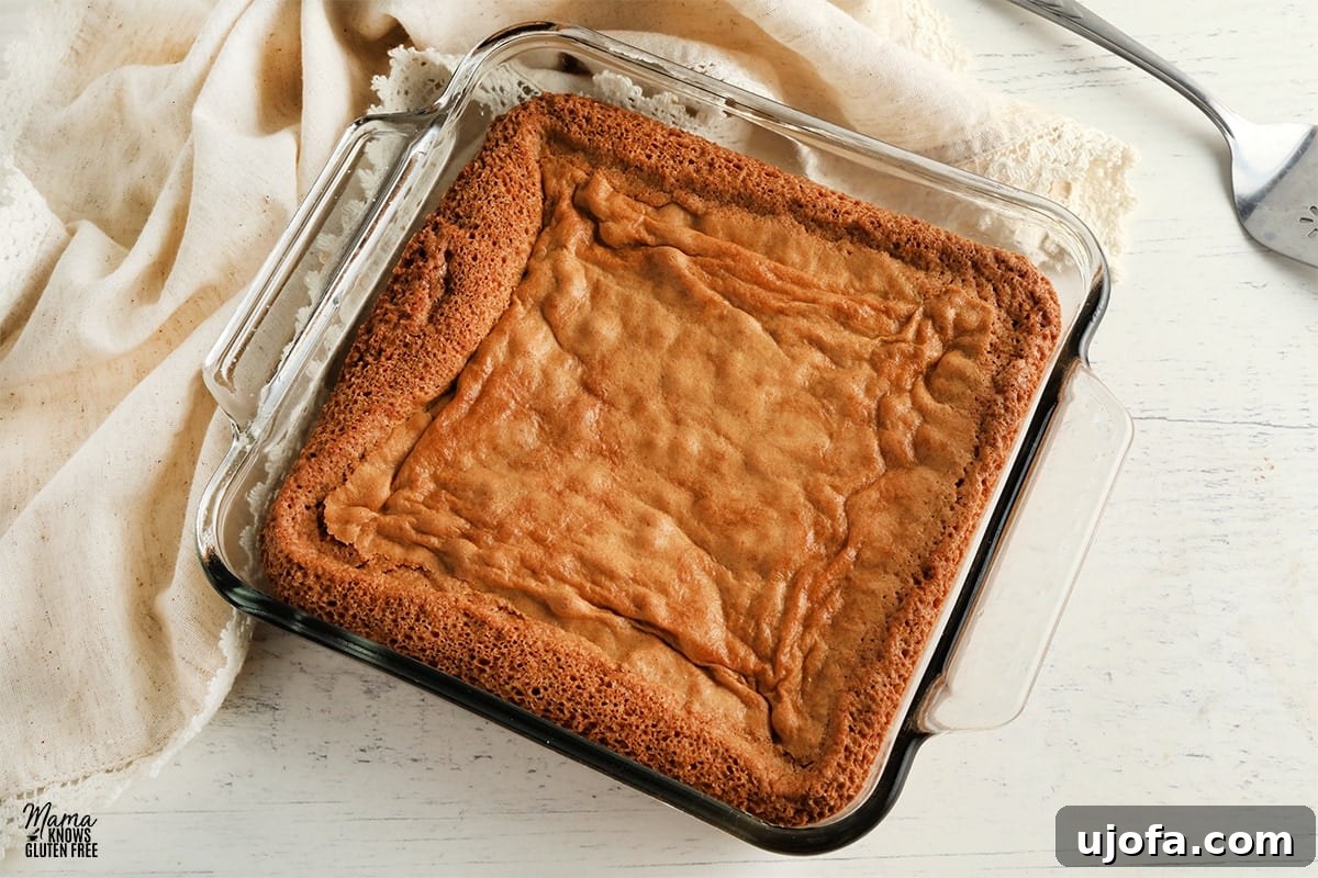 Glass pan filled with freshly baked gluten-free blondies, golden and inviting