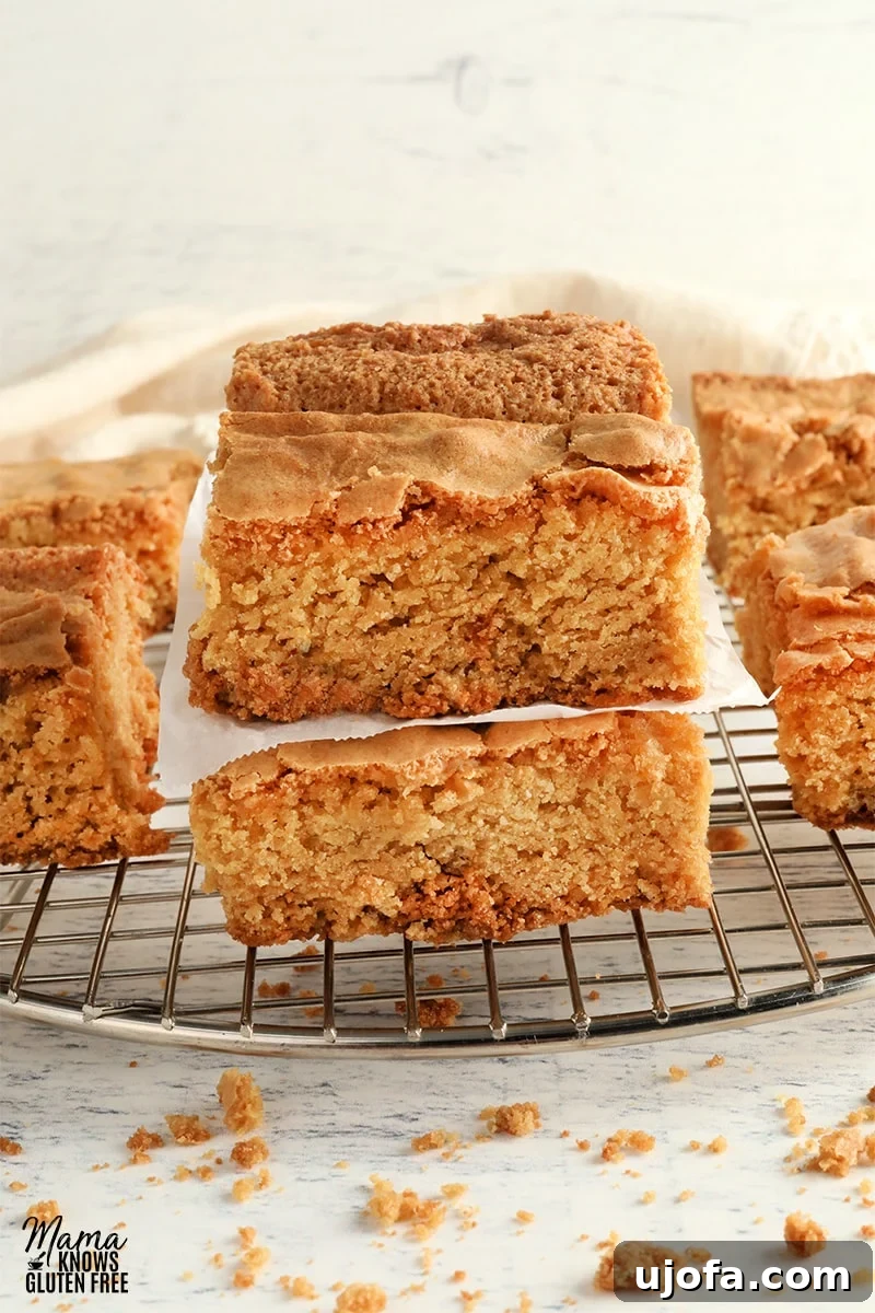 Two perfectly baked gluten-free blondies stacked on top of each other, with more cooling on a rack