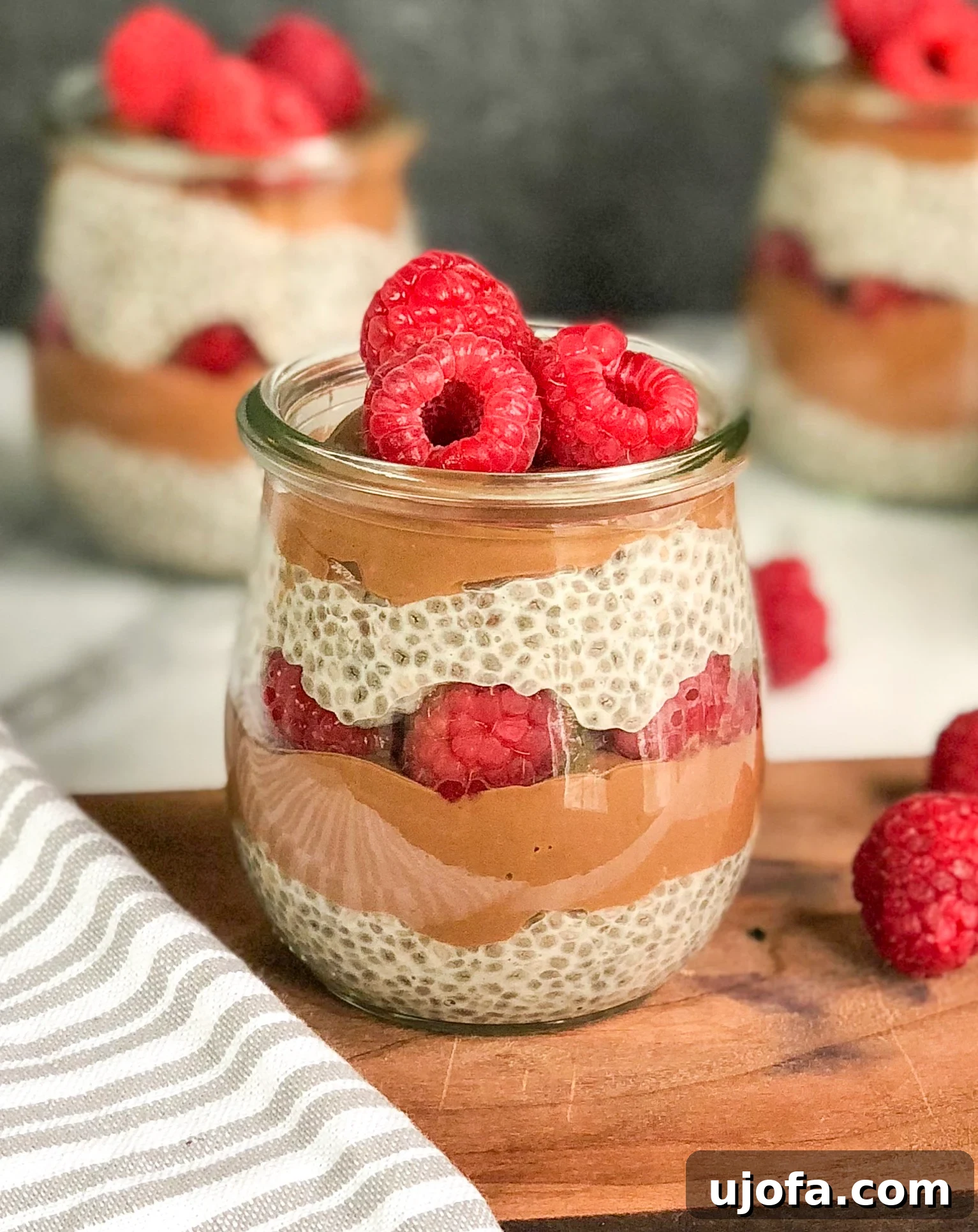 Ruby Cocoa Chia Layers 3 Close-up of a layered Chocolate Raspberry Chia Parfait showing creamy chocolate and vibrant raspberries