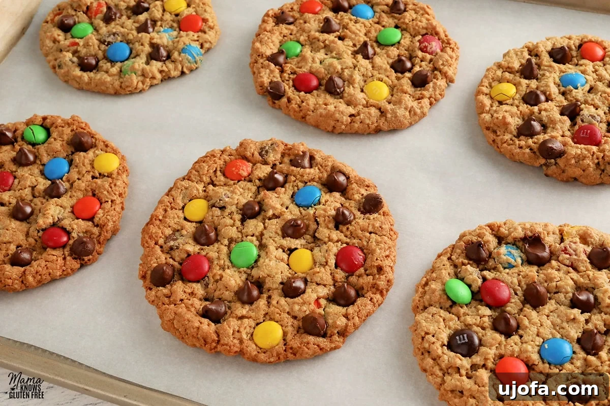 Beastly Gluten-Free Bites 2 Delicious gluten-free monster cookies neatly arranged on a baking sheet, showcasing their vibrant M&M's and chocolate chips.