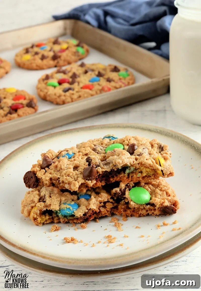 Beastly Gluten-Free Bites 4 A beautifully broken gluten-free monster cookie, revealing its chewy interior and abundance of chocolate, resting on a white plate with more cookies in the background.