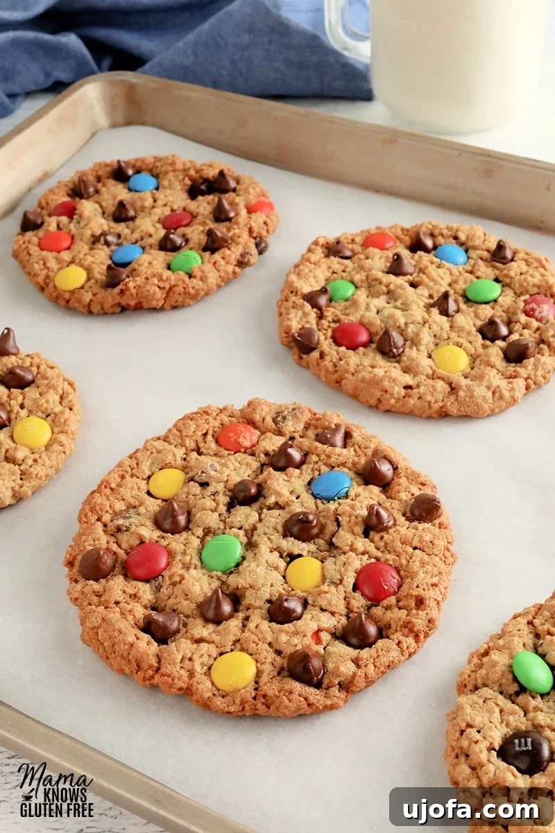 Beastly Gluten-Free Bites 5 Freshly baked gluten-free monster cookies on a baking sheet, with a glass of milk in the background, ready for enjoyment.