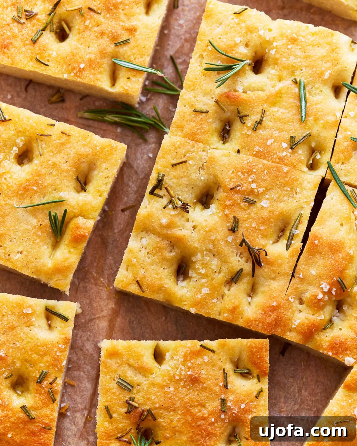 Artisan Gluten-Free Focaccia 2 overhead view of cut gluten-free focaccia.