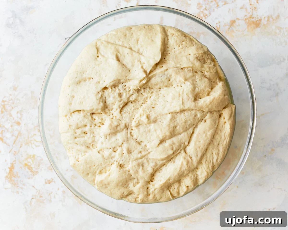 Artisan Gluten-Free Focaccia 9 risen gluten-free focaccia dough in a glass bowl.