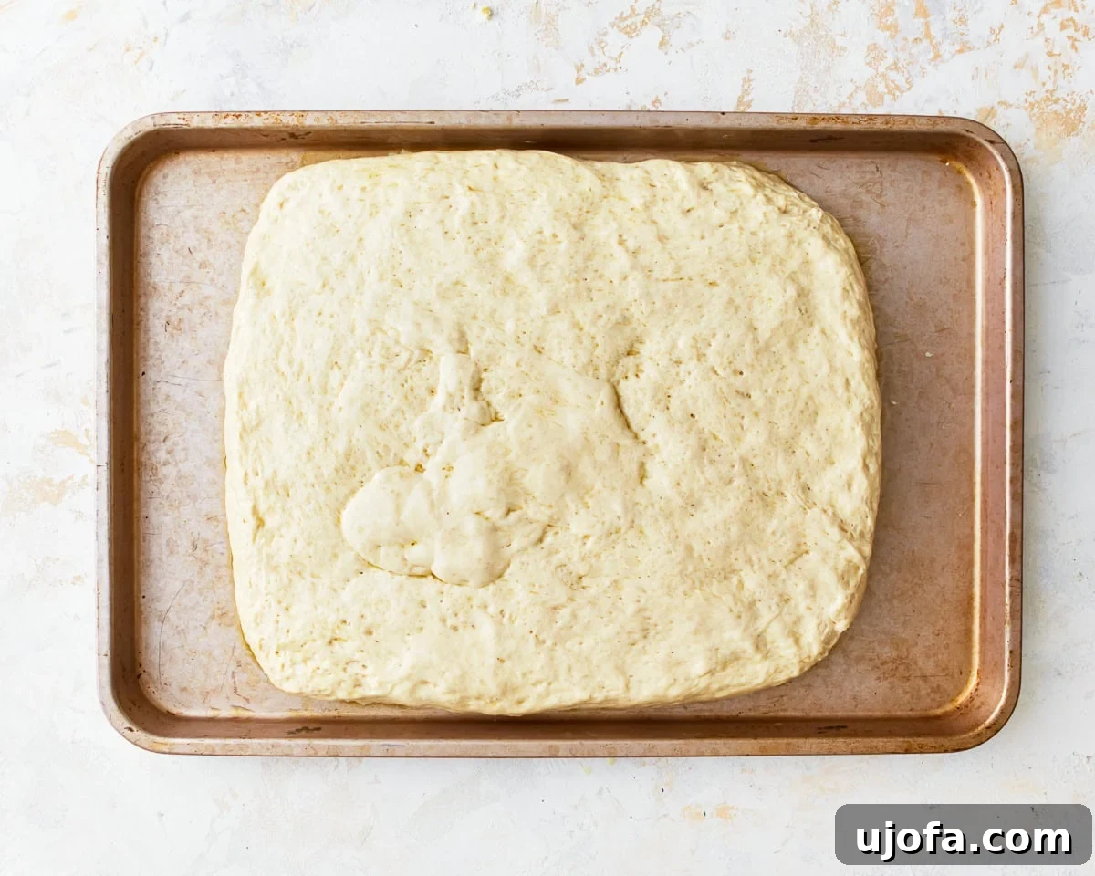 Artisan Gluten-Free Focaccia 11 gluten-free focaccia dough in a rectangle on a baking sheet.
