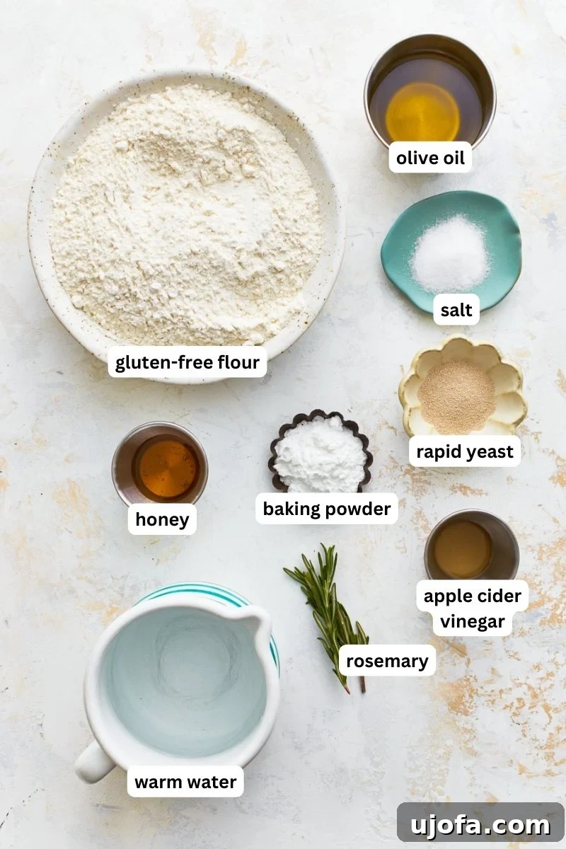 Artisan Gluten-Free Focaccia 3 Ingredients for gluten-free focaccia.