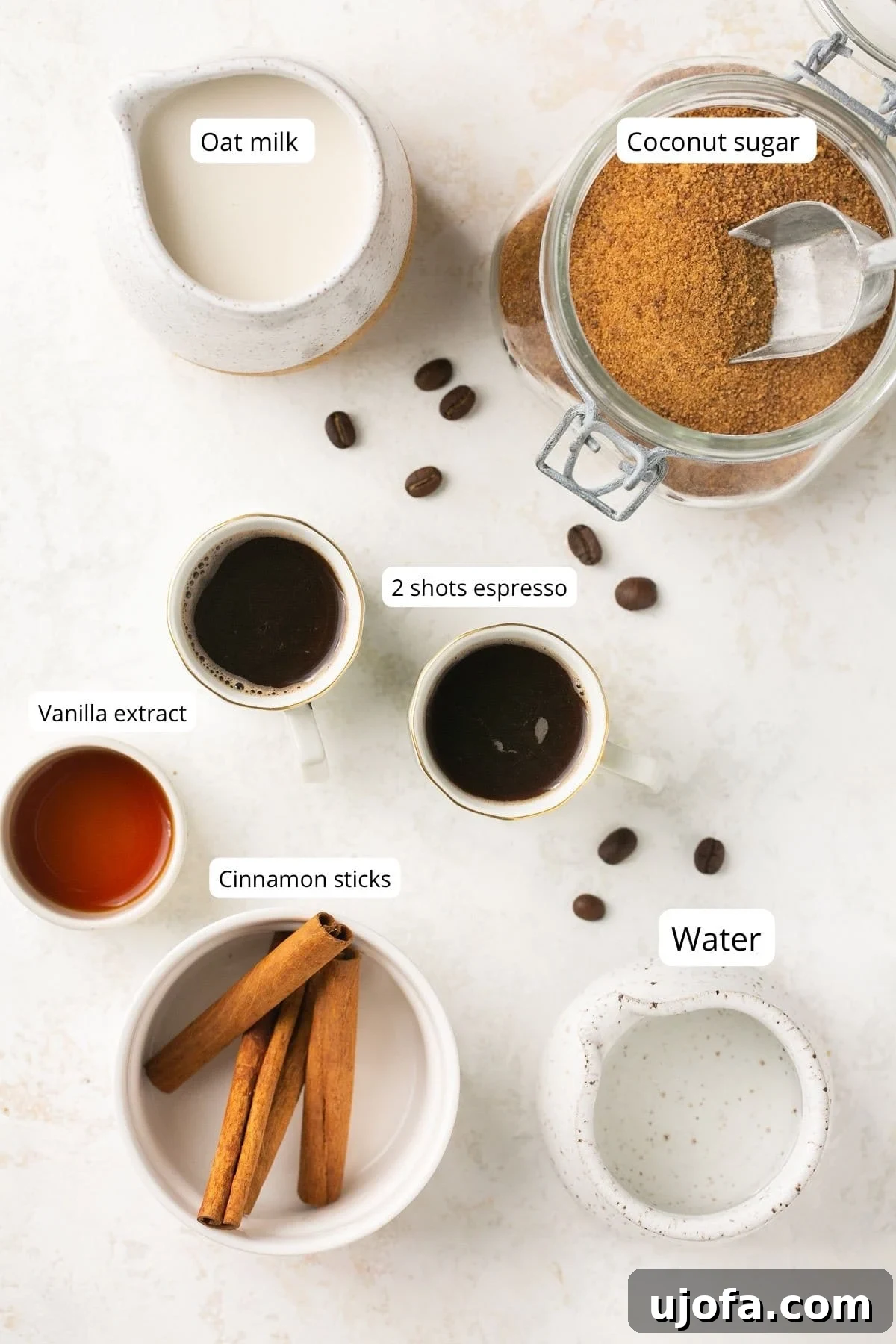 A collection of recipe ingredients, neatly arranged in small bowls and clearly labeled for making the shaken espresso, including espresso beans, cinnamon sticks, coconut sugar, vanilla extract, and oat milk.
