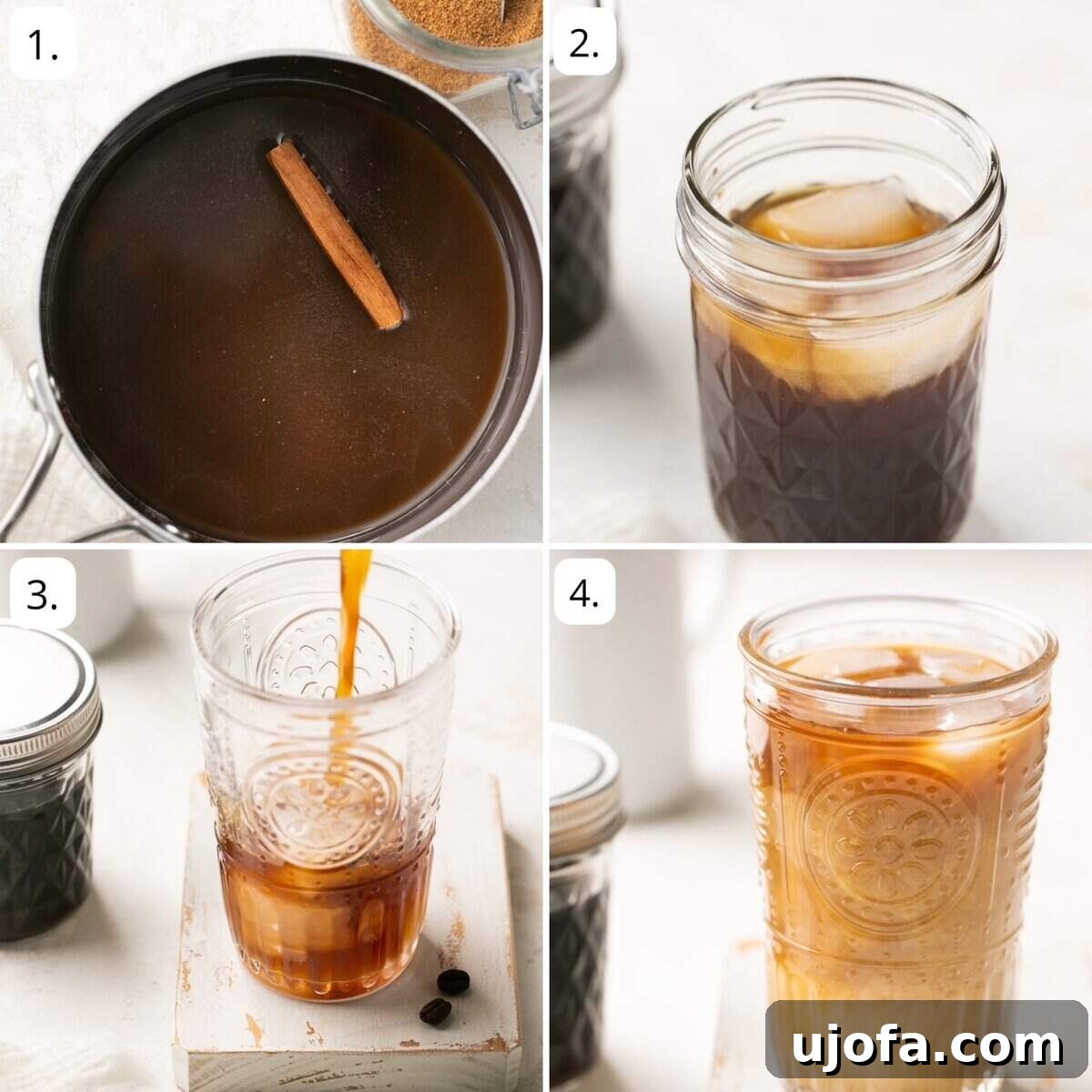 Numbered step-by-step recipe instructions to make iced brown sugar oatmilk shaken espresso, showing each stage of preparation from syrup to final assembly.