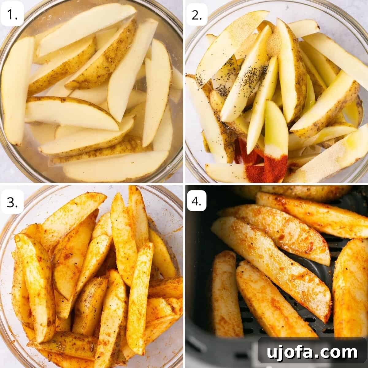 Golden Air-Fried Potato Wedges 4 photo of the four steps to make potato wedges in the air fryer