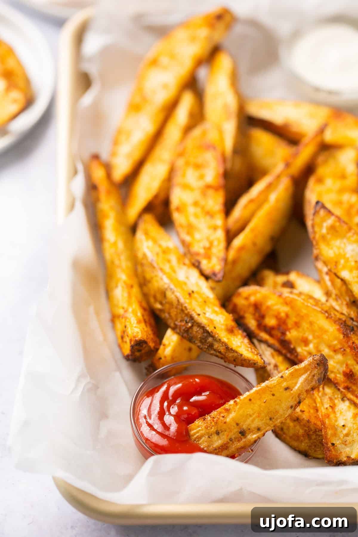Golden Air-Fried Potato Wedges 6 fried potatoes in a basket with one being dipped into ketchup