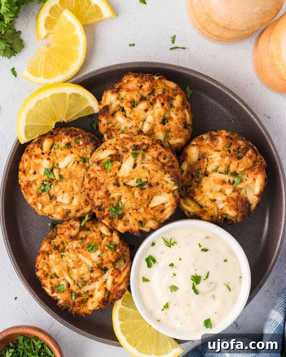 Overhead view of five golden-brown gluten-free crab cakes served on a dark plate with lemon wedges and a bowl of creamy dipping sauce. The crab cakes are perfectly rounded and have a delicious crust.