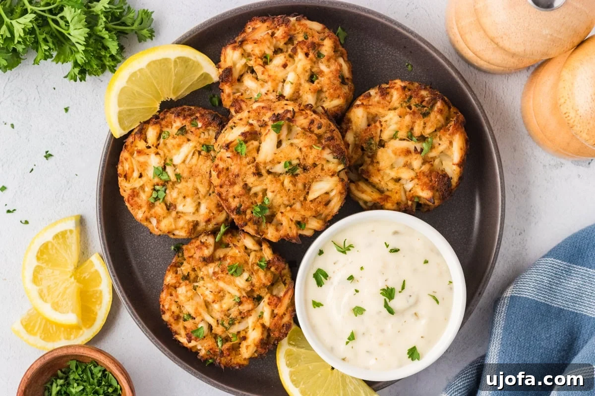 A beautifully arranged plate of five cooked crab cakes, garnished with fresh parsley and served with vibrant lemon wedges and a small bowl of creamy dipping sauce.