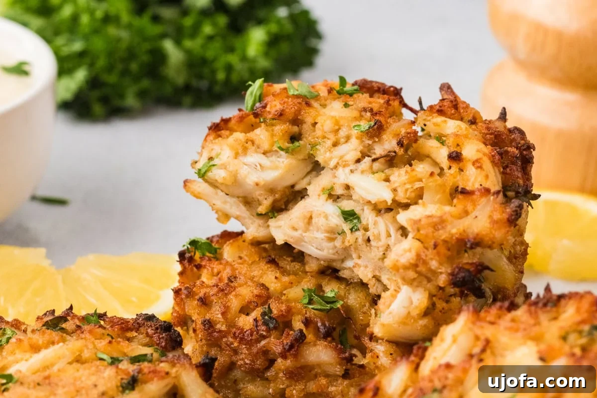 Close-up of a crab cake cut in half, showcasing the flaky, moist interior packed with large, tender pieces of crab meat, demonstrating the excellent texture.
