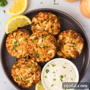 Overhead view of five golden-brown gluten-free crab cakes served on a dark plate with lemon wedges and a bowl of creamy dipping sauce.