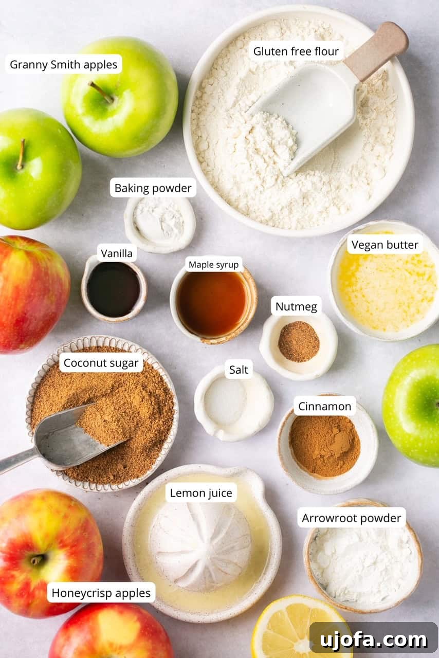 Guilt-Free Apple Crumble 3 recipe ingredients in nesting bowls and labeled