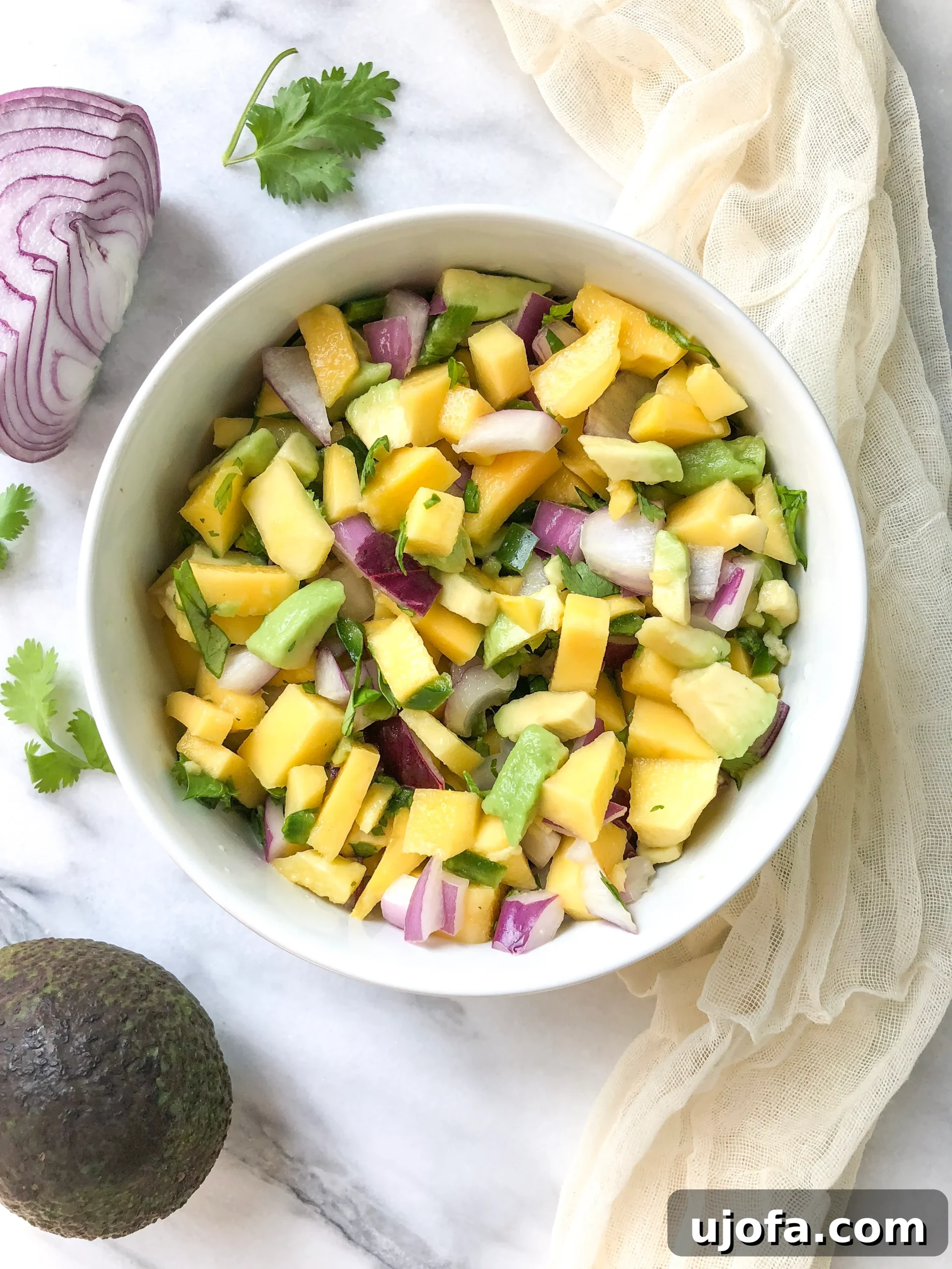 A close-up shot of fresh mango avocado salsa in a white bowl, garnished with cilantro.