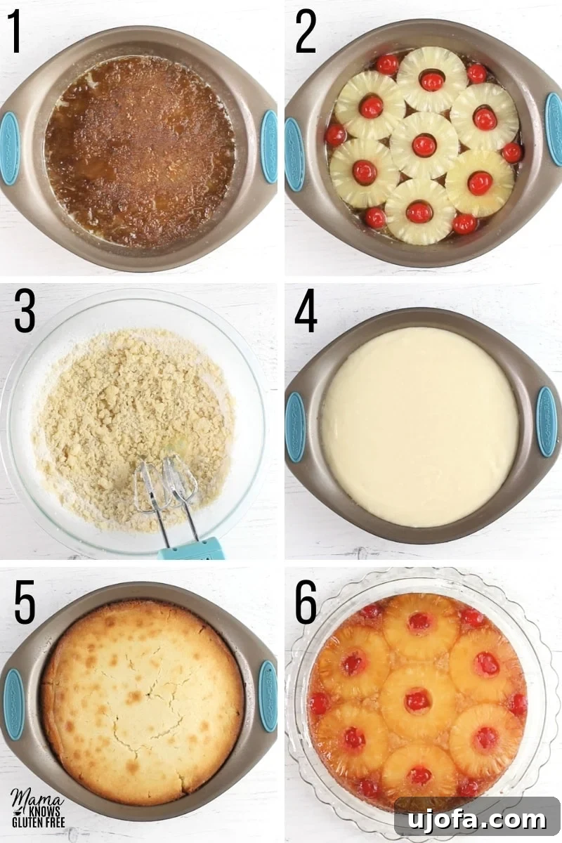 Delicious Gluten-Free Pineapple Upside Down Cake Dairy-Free Friendly 3 A visual collage illustrating the step-by-step process of baking a gluten-free pineapple upside down cake, from assembling the fruit topping to pouring the batter.
