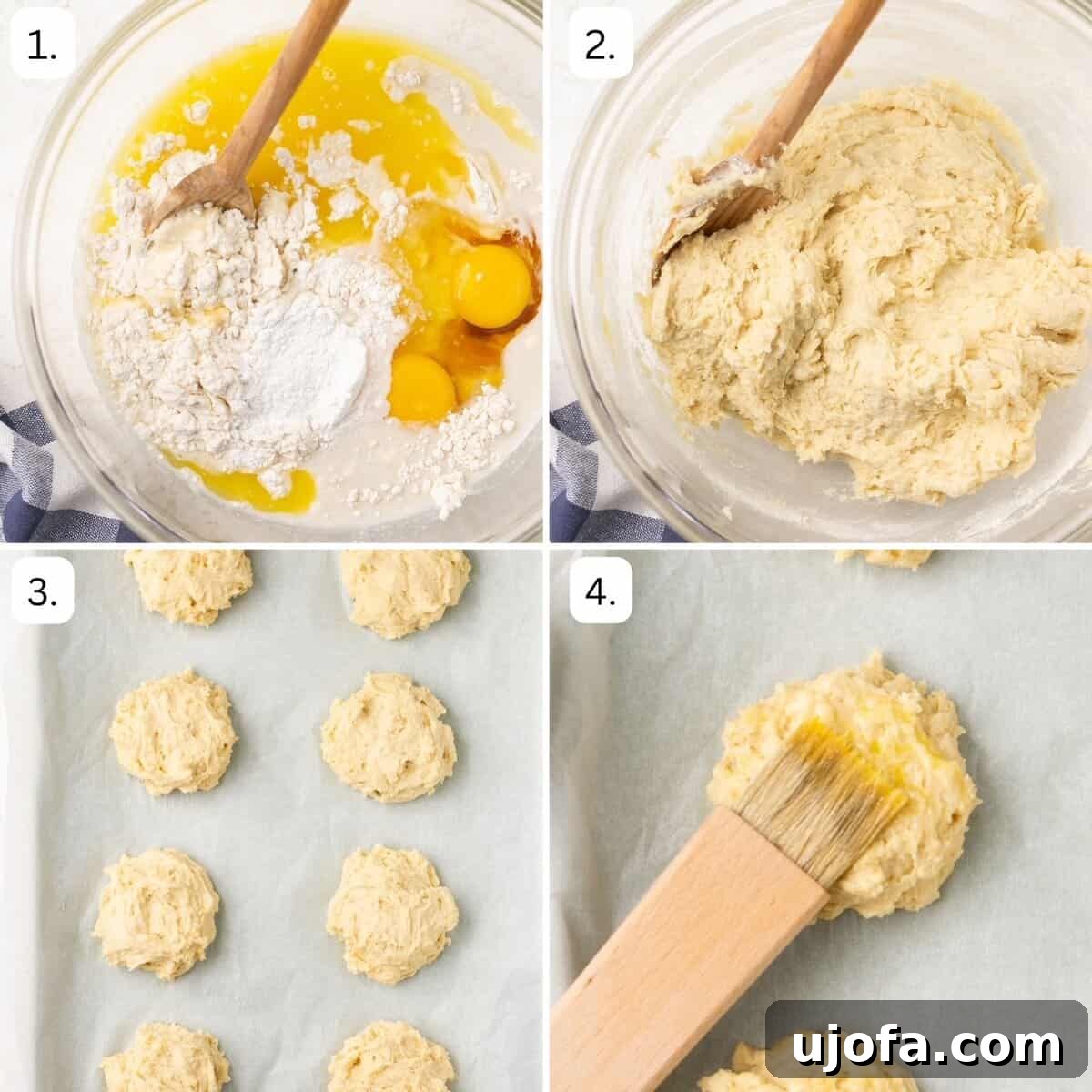 A visual collage showing four sequential steps of making gluten-free biscuits, from mixing ingredients to shaping dough, ready for baking.