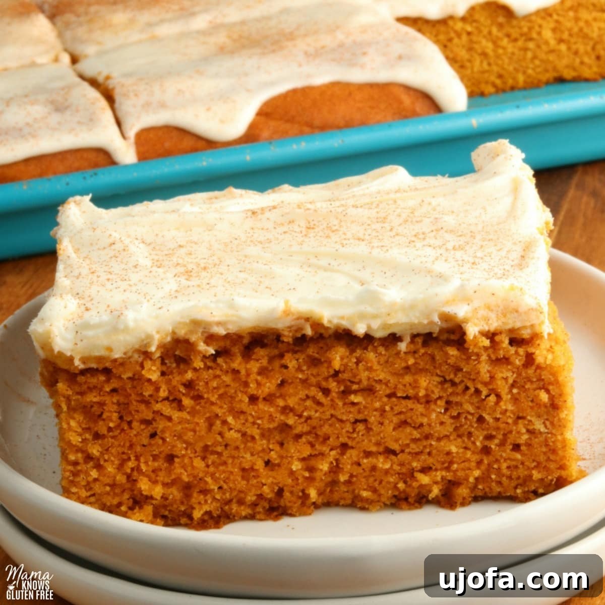 gluten-free pumpkin bar slice on a white plate with the bars in the background