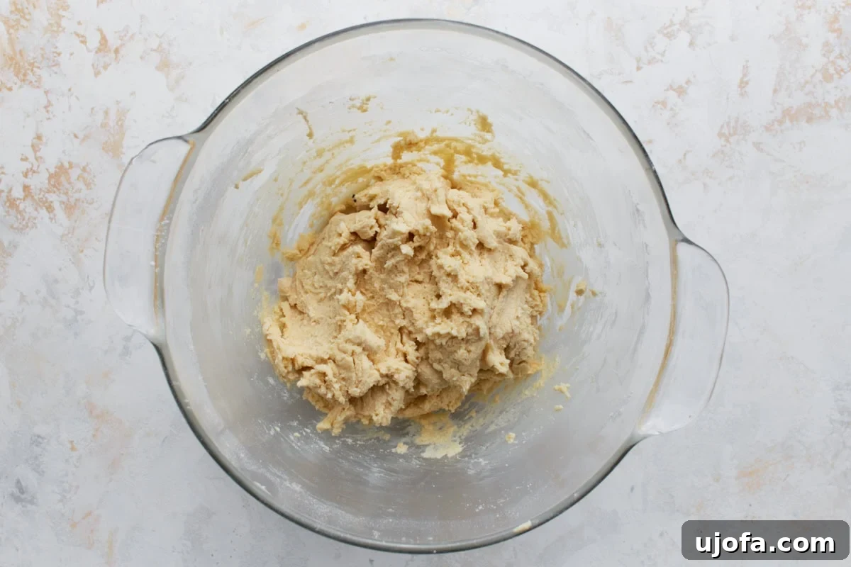 Pillowy Soft Gluten-Free Snickerdoodles 8 The fully mixed gluten-free snickerdoodle dough resting in a glass bowl, showcasing its thick, pliable, and slightly sticky consistency, perfectly ready for shaping.