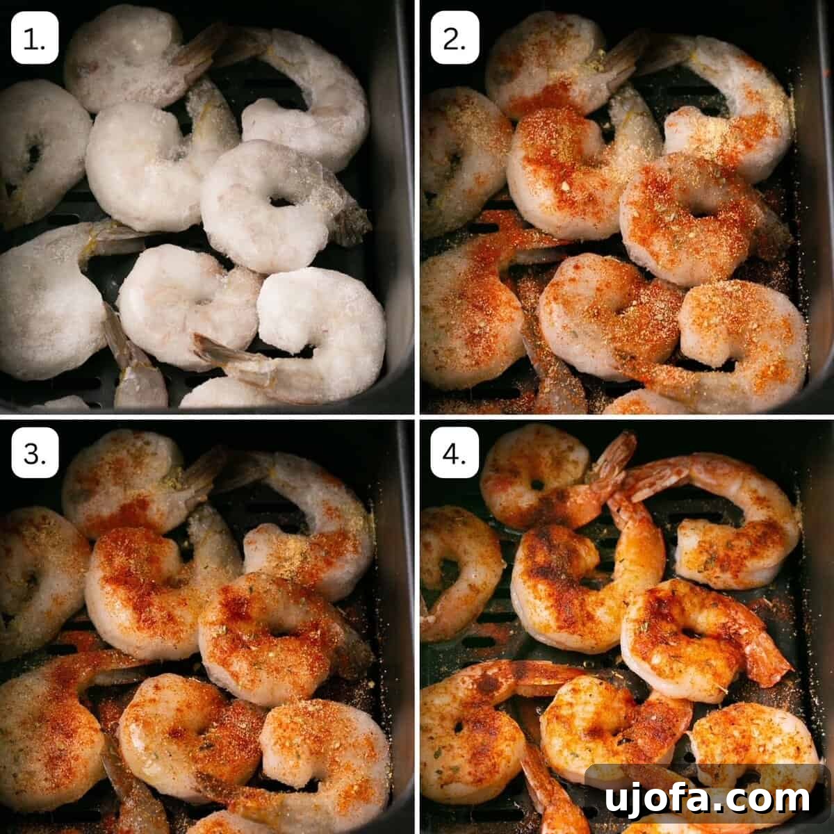 Frozen shrimp being placed into an air fryer basket.