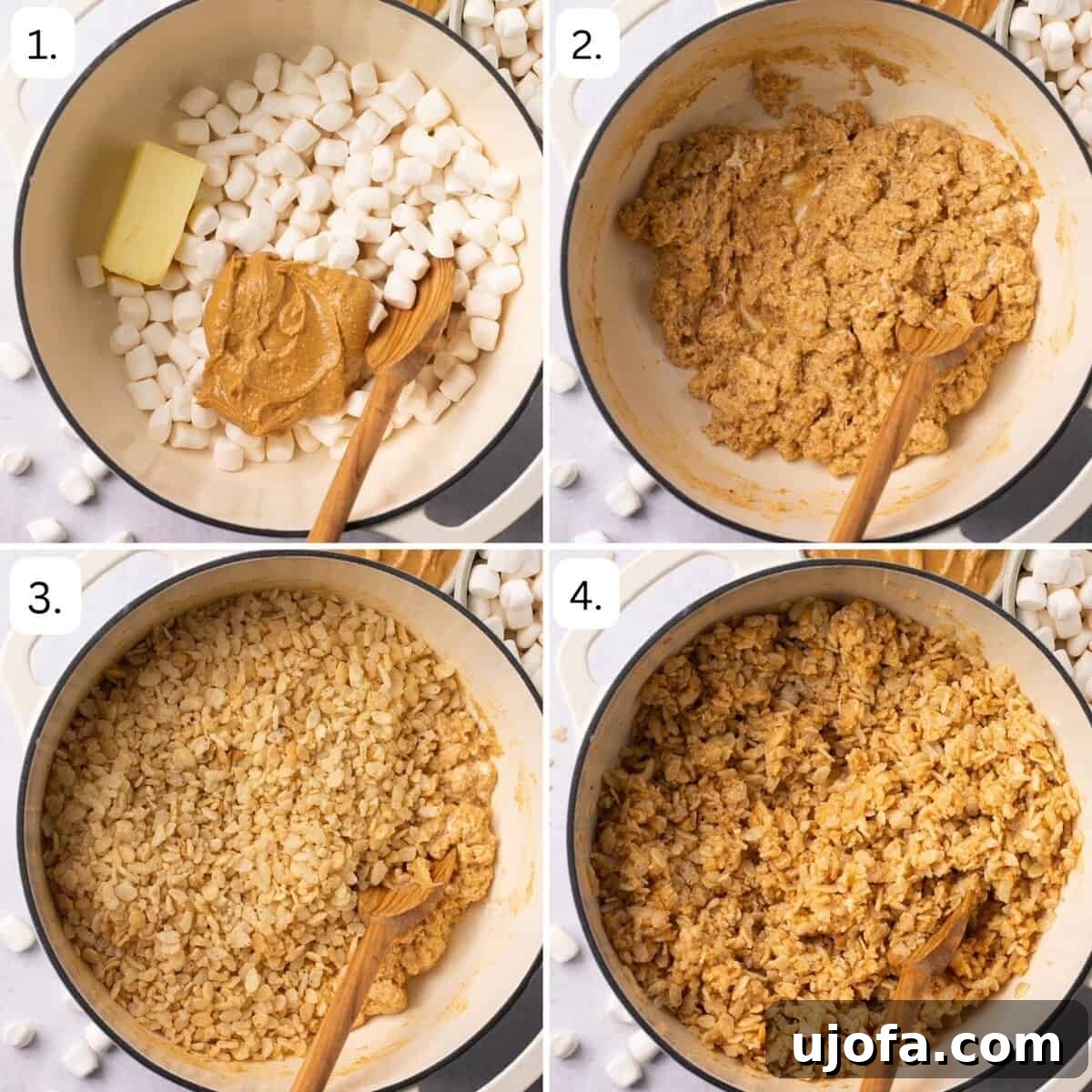 First four steps for preparing Chocolate Peanut Butter Rice Krispie Treats, showing ingredients melting in a saucepan and cereal being mixed in.