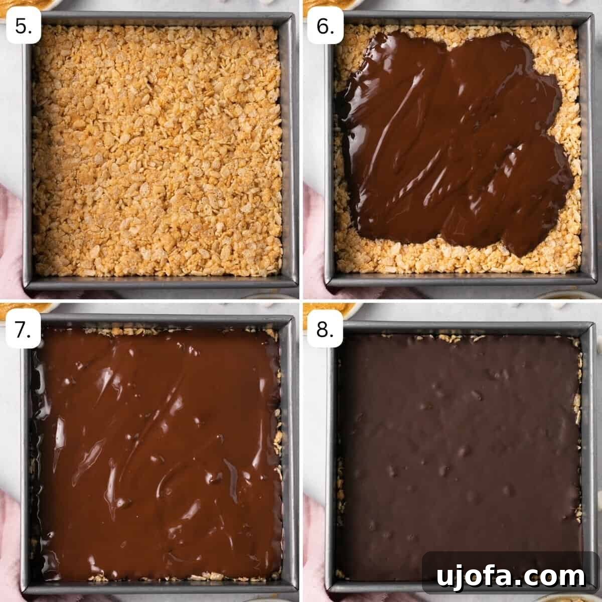Second set of steps for making Chocolate Peanut Butter Rice Krispie Treats, including pressing the mixture into a pan and pouring melted chocolate over it.