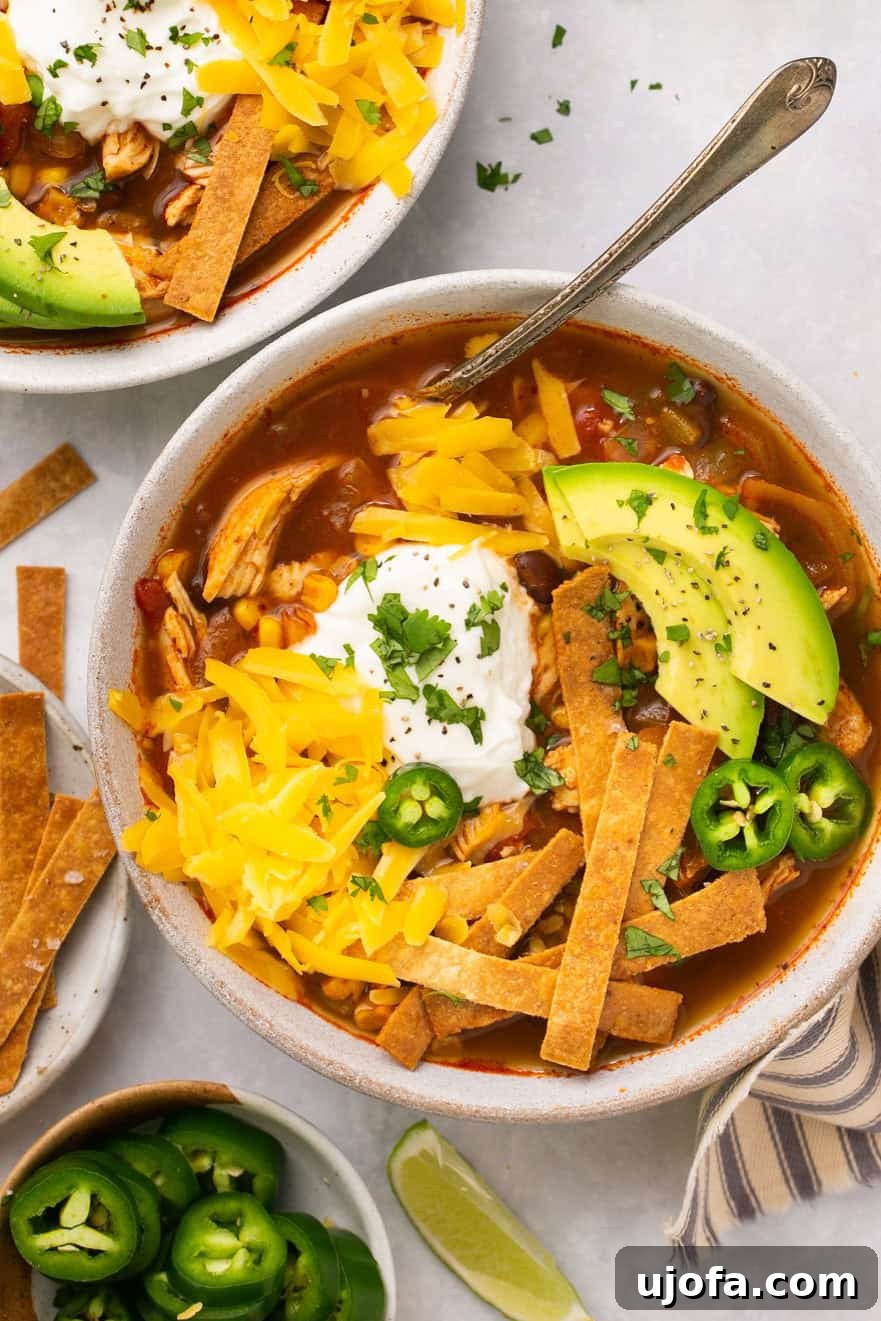 An overhead shot of two white bowls filled with chicken tortilla soup and topped with homemade tortilla strips, avocado, sour cream, and shredded cheese.