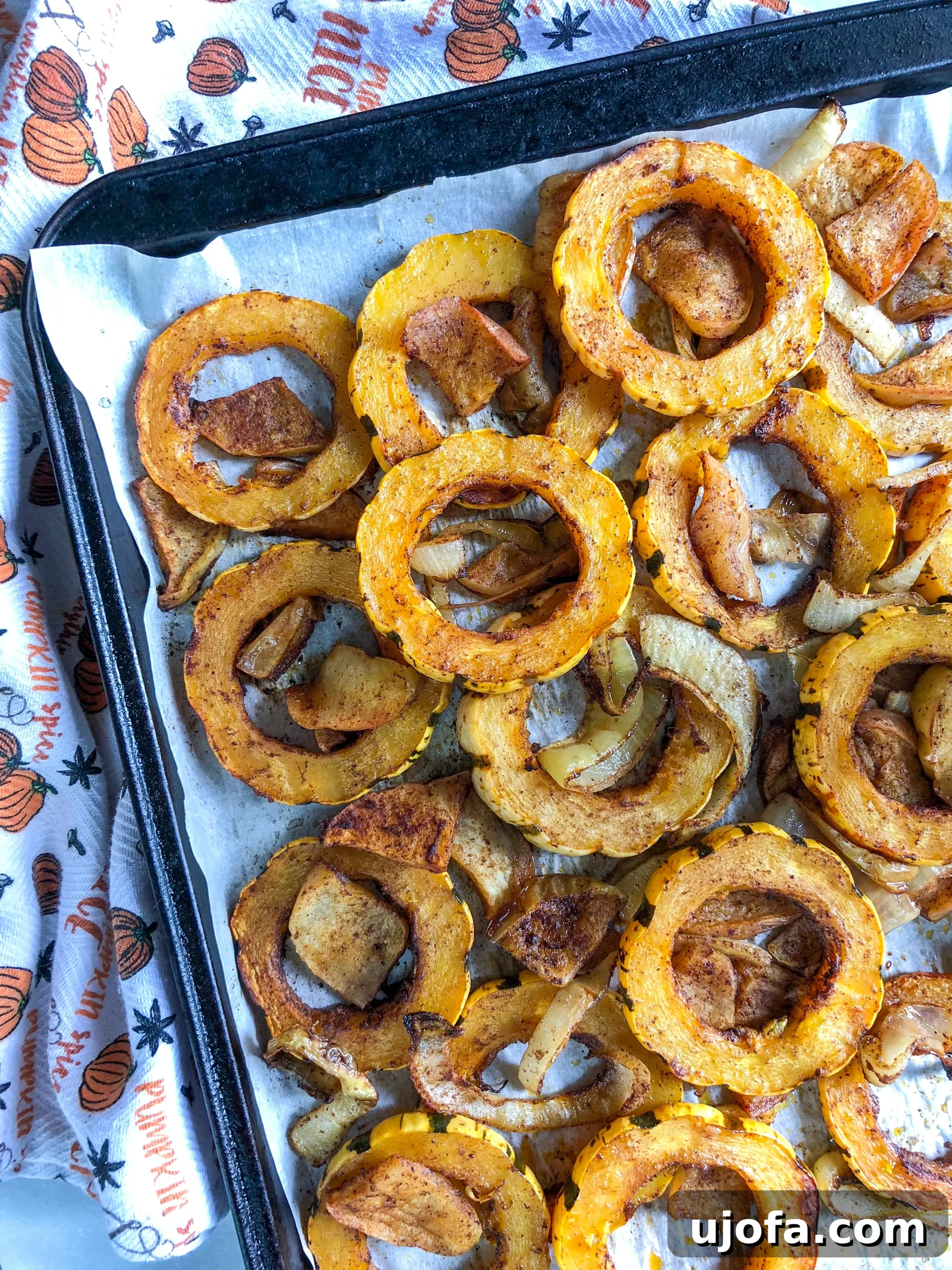 Close-up of golden brown roasted delicata squash, apples, and onions after cooking