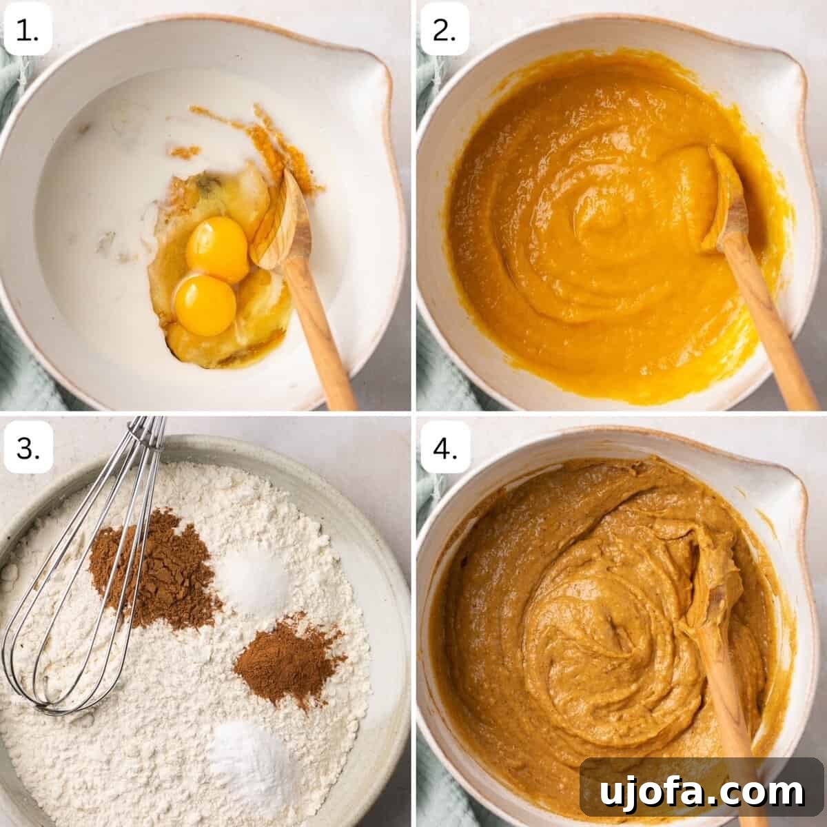 Moist Dairy-Free Pumpkin Muffins with Tangy Cream Cheese Frosting 4 A series of step-by-step photos illustrating the preparation process for the pumpkin muffin recipe, from mixing ingredients to filling the muffin tin.