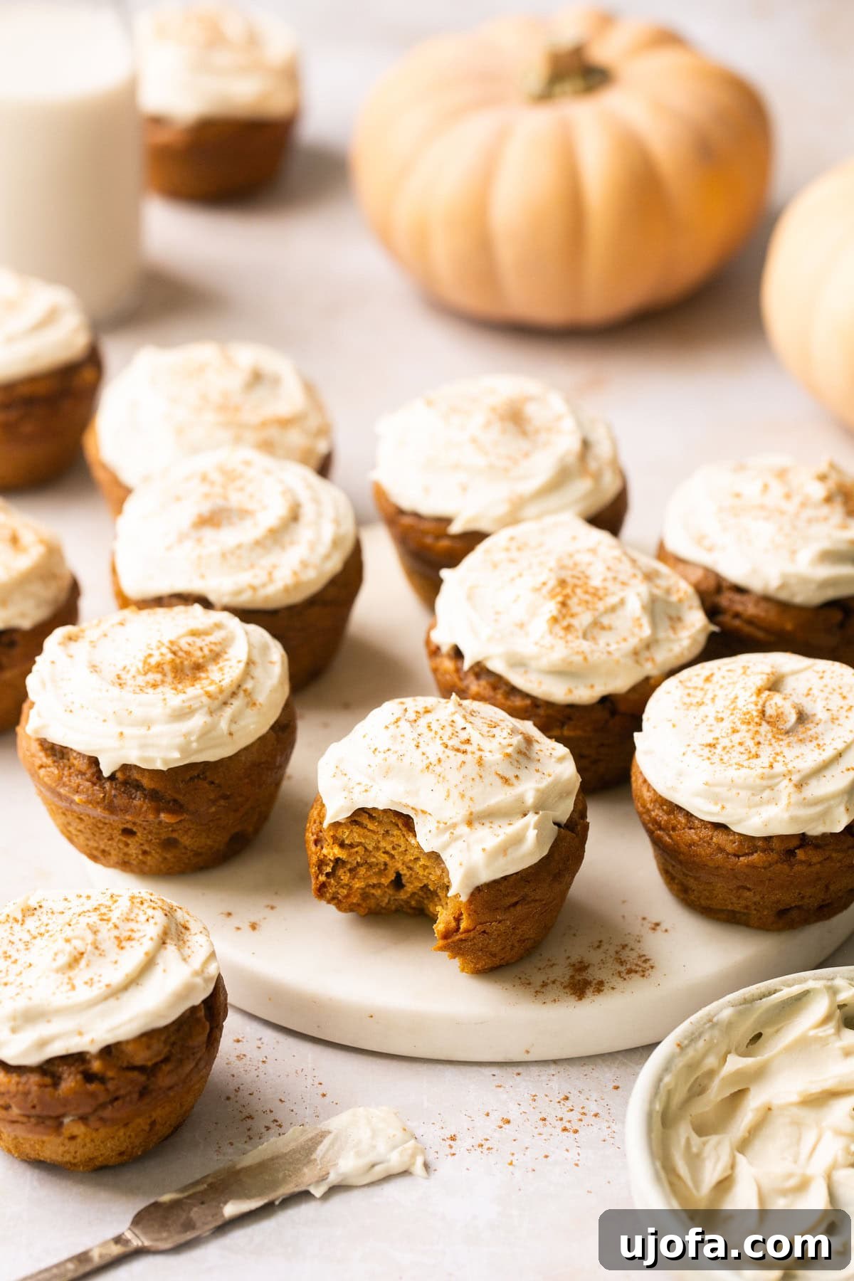 Moist Dairy-Free Pumpkin Muffins with Tangy Cream Cheese Frosting 7 A beautifully composed shot of frosted pumpkin muffins on a white tray, one with a delectable bite taken out, showcasing its moist interior and creamy topping.