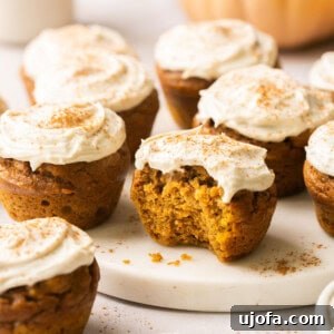 Moist Dairy-Free Pumpkin Muffins with Tangy Cream Cheese Frosting 8 Close-up of a pumpkin muffin topped with cream cheese frosting, with a bite taken out, on a dark background, highlighting its delicious texture.