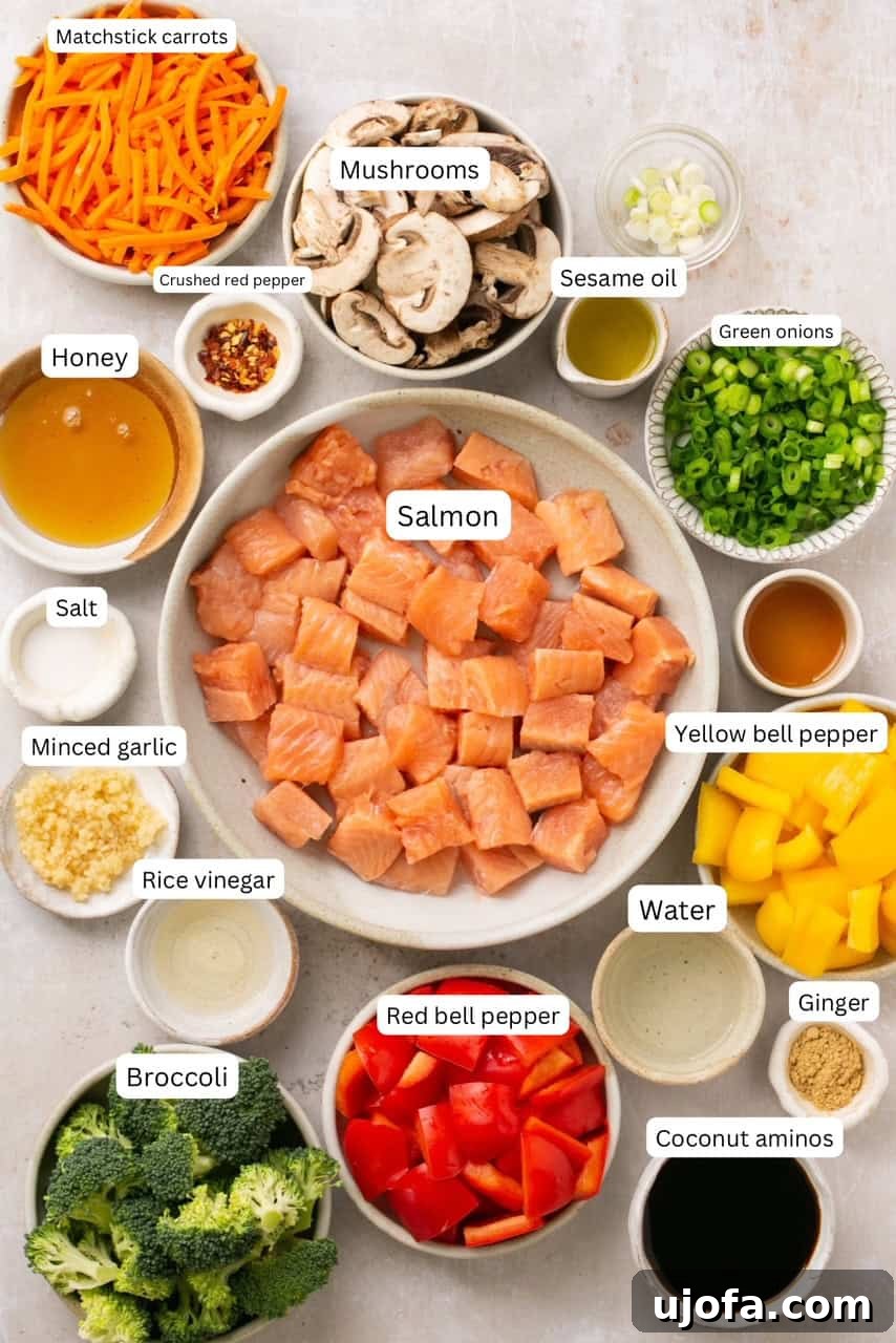 A collection of stir fry recipe ingredients displayed in small, nesting bowls, clearly labeled for easy identification.