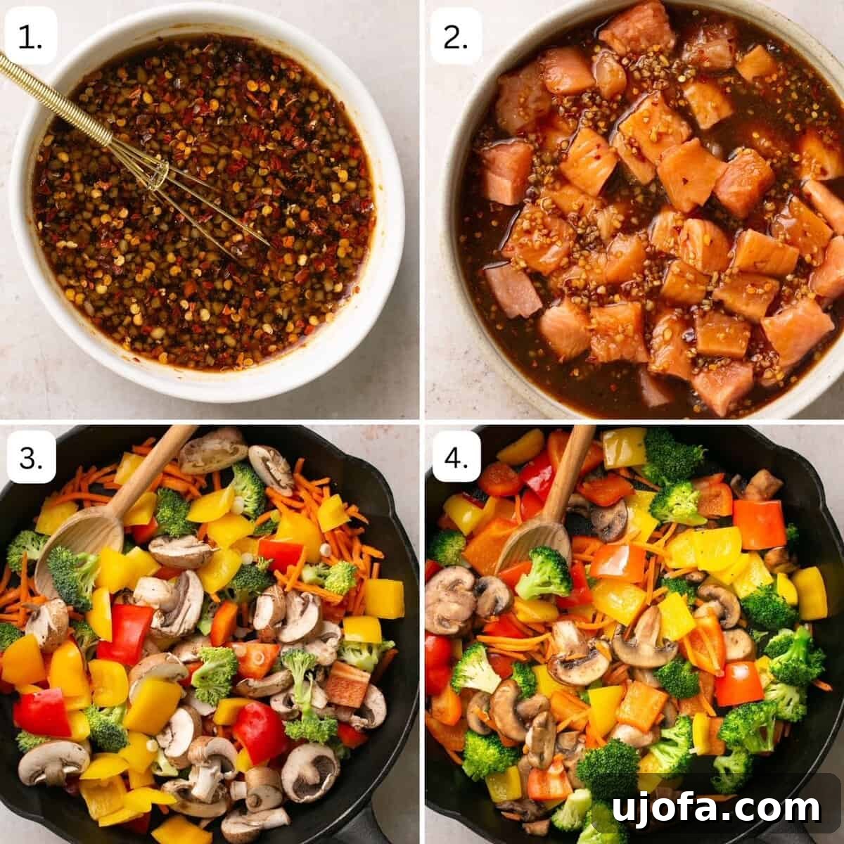 Four images arranged in quadrants, showing the initial steps of preparing salmon stir fry: chopping vegetables, mixing sauce, marinating salmon, and sautéing vegetables in a skillet.
