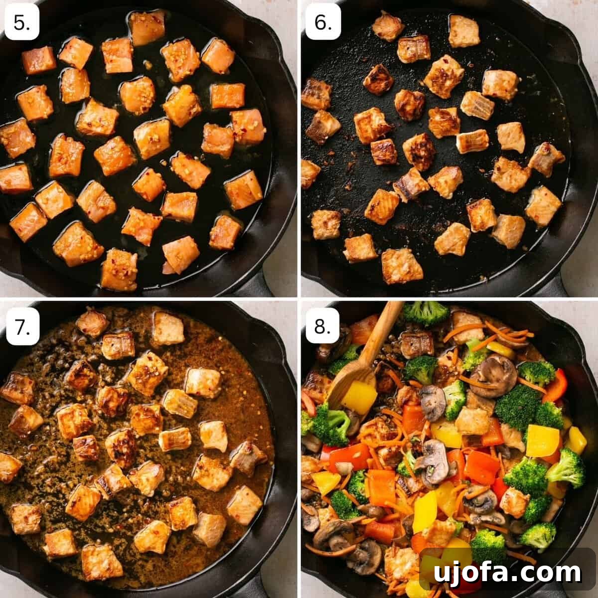 Four images showing the final steps of cooking salmon stir fry: adding salmon to the pan, cooking the salmon, adding sauce and vegetables back, and serving the finished dish.
