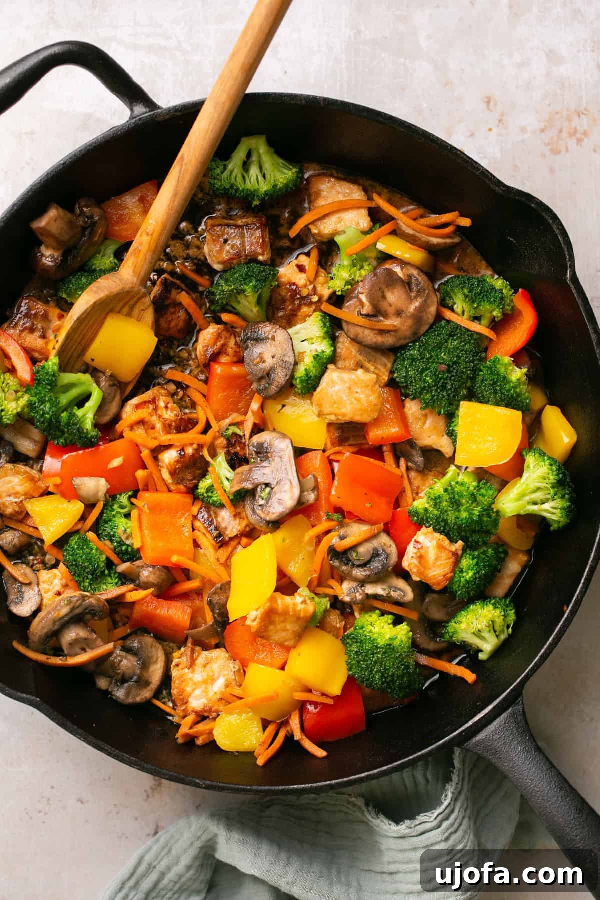 A close-up shot of a cast iron pan filled with perfectly cooked salmon, colorful vegetables, and a rich stir fry sauce, with a wooden spoon resting in the pan.