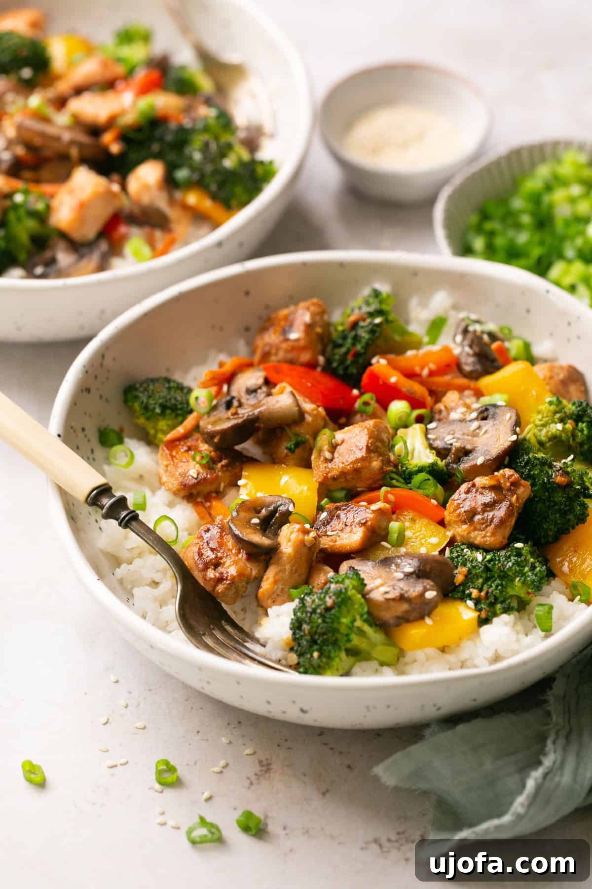 Two pristine white bowls, each containing a generous portion of rice, vibrant salmon stir fry, and drizzled with gluten-free teriyaki sauce. An elegant ivory fork rests on the side of one bowl, inviting you to taste.